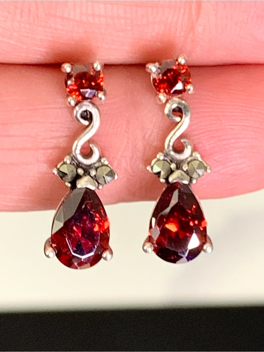 Vintage 925 Sterling Silver Red CZ Drop Earrings Pear Cut SU Marcassite Accen